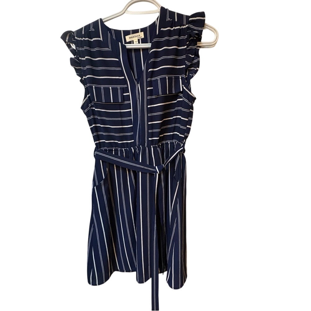 Monteau Navy Pinstripe Ruffle Sleeve Dress | preppy | workwear‎ | minimalist |